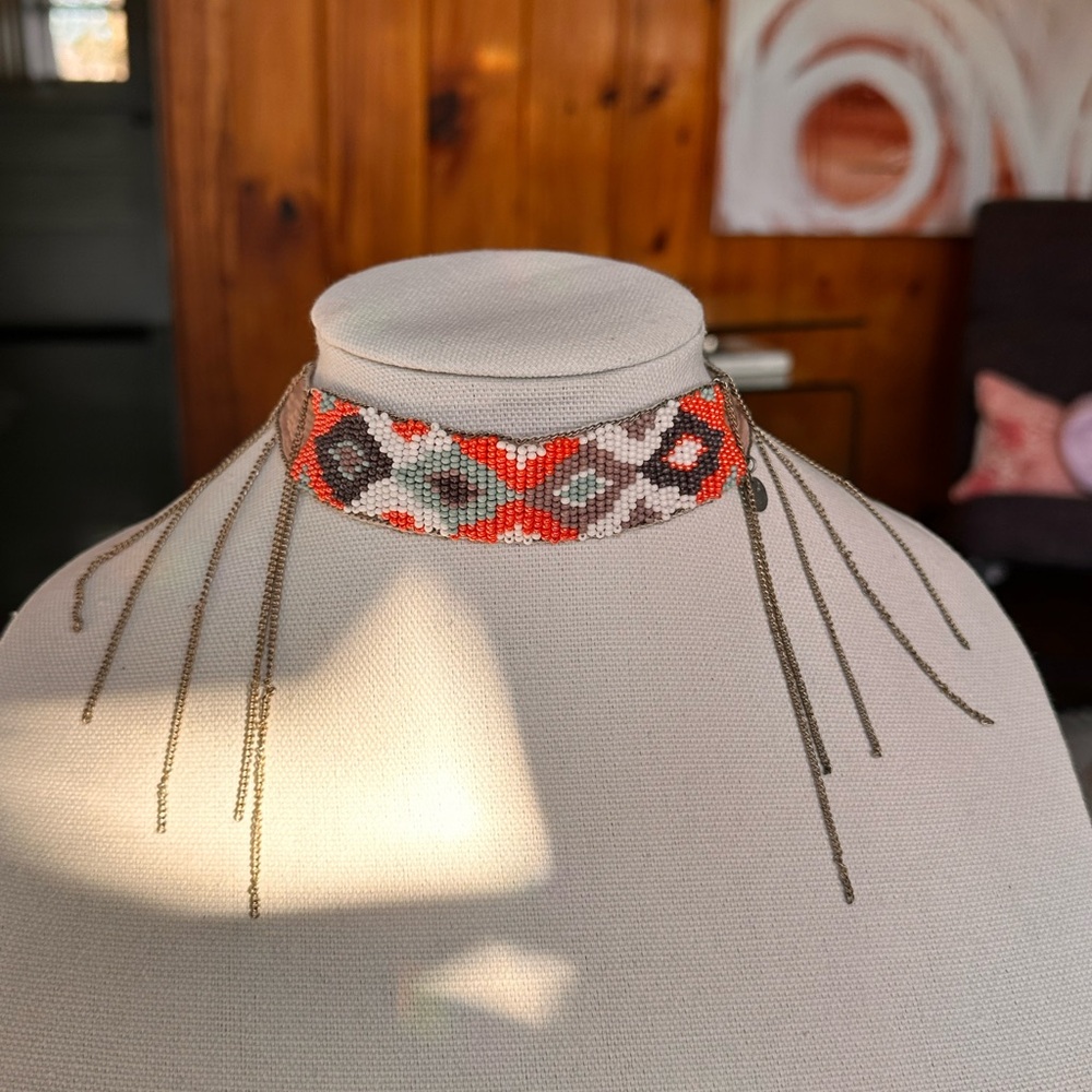 DESIGNER CHAN LUU Hand stitched Beaded Choker Necklace with Fringe